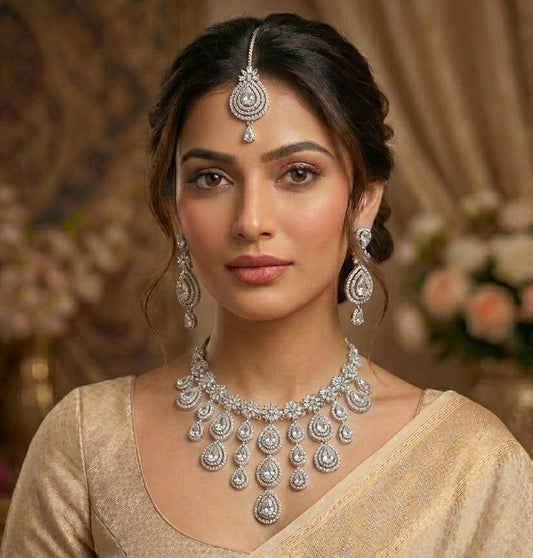 Premium American Diamond Silver Bridal Necklace Set with Earrings & Maang Tikka