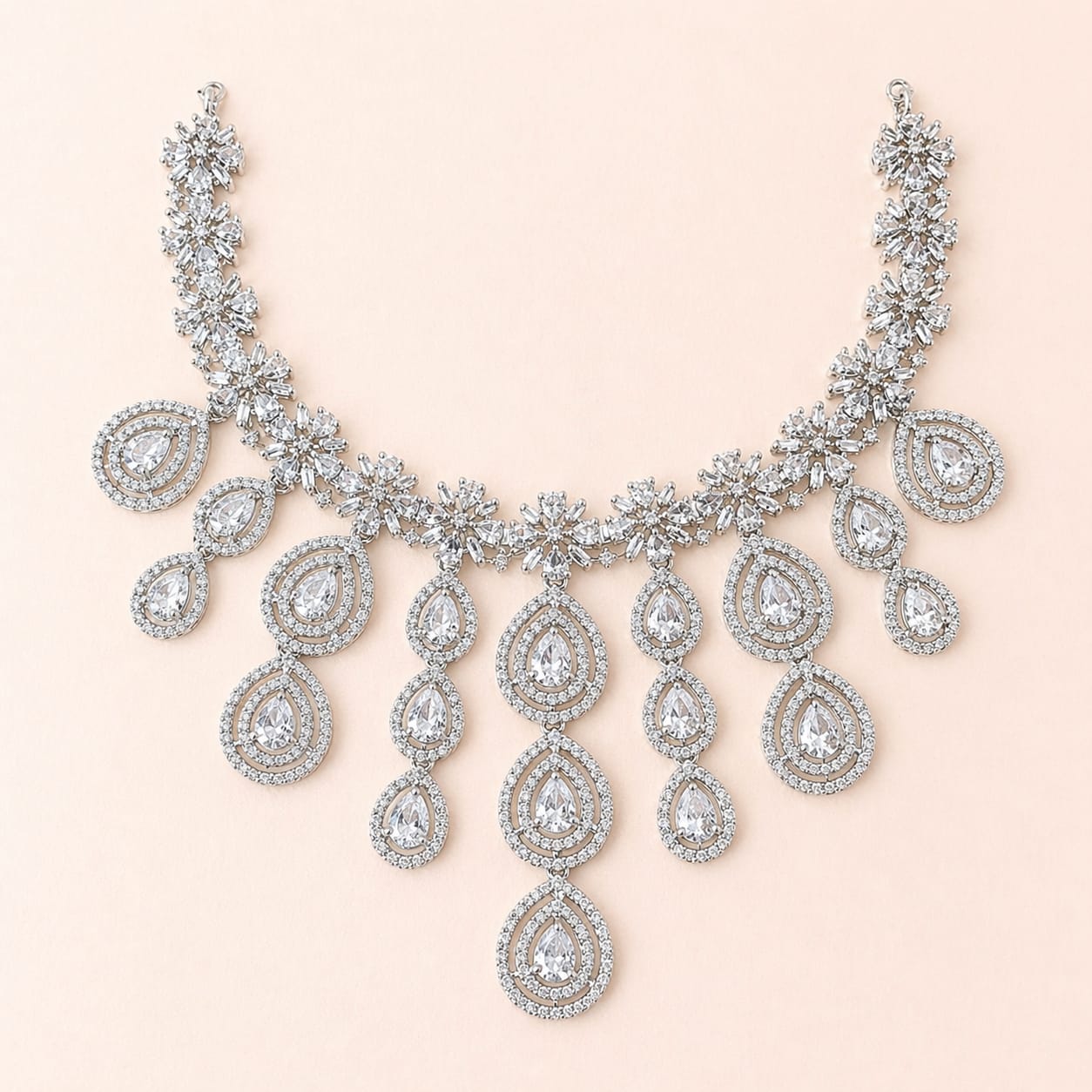 Premium American Diamond Silver Bridal Necklace Set with Earrings & Maang Tikka