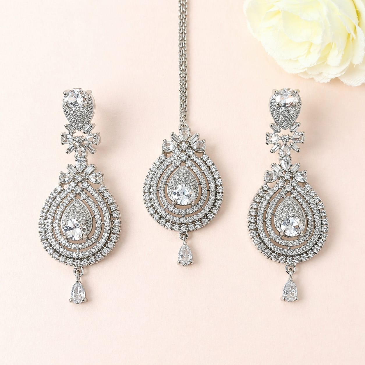 Premium American Diamond Silver Bridal Necklace Set with Earrings & Maang Tikka