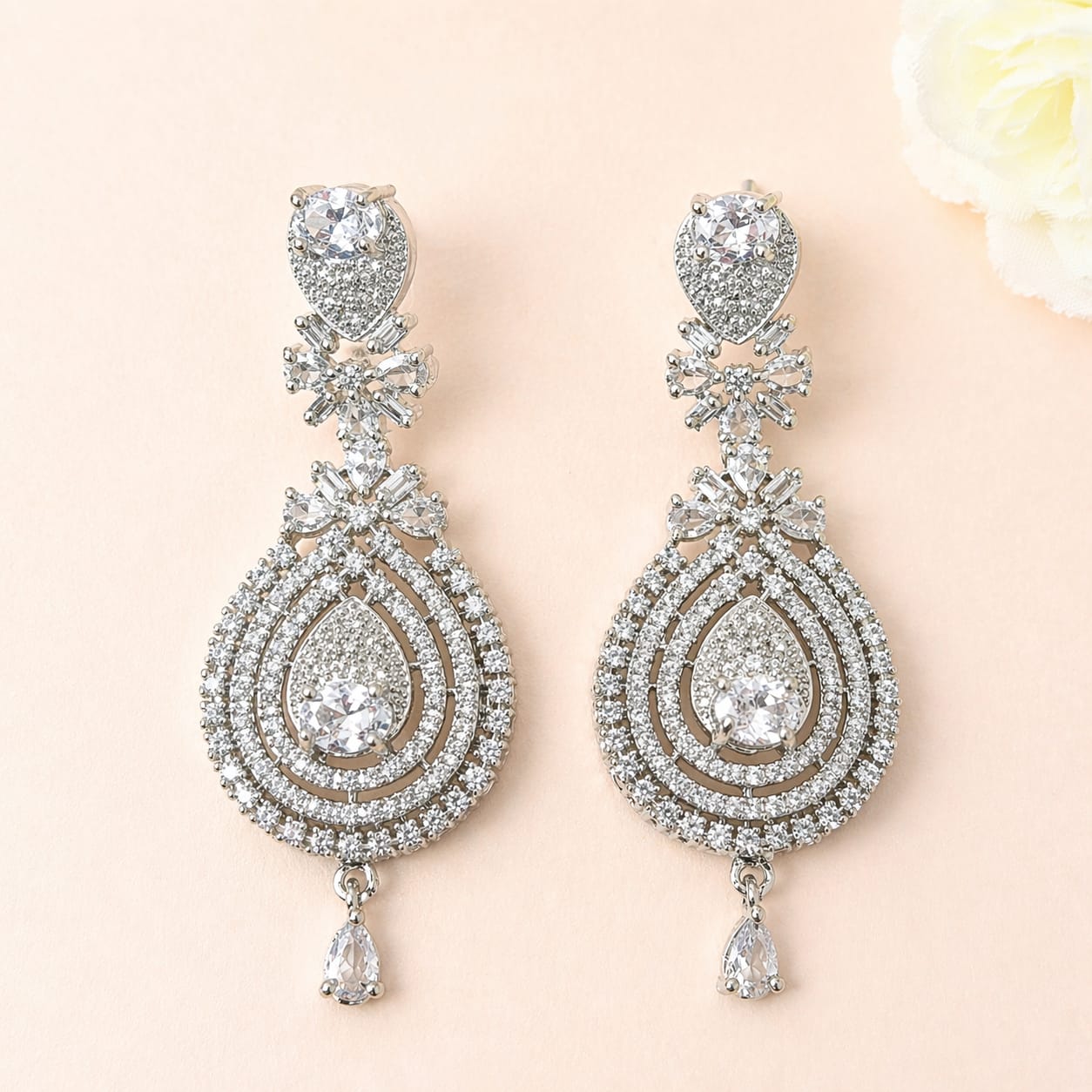 Premium American Diamond Silver Bridal Necklace Set with Earrings & Maang Tikka