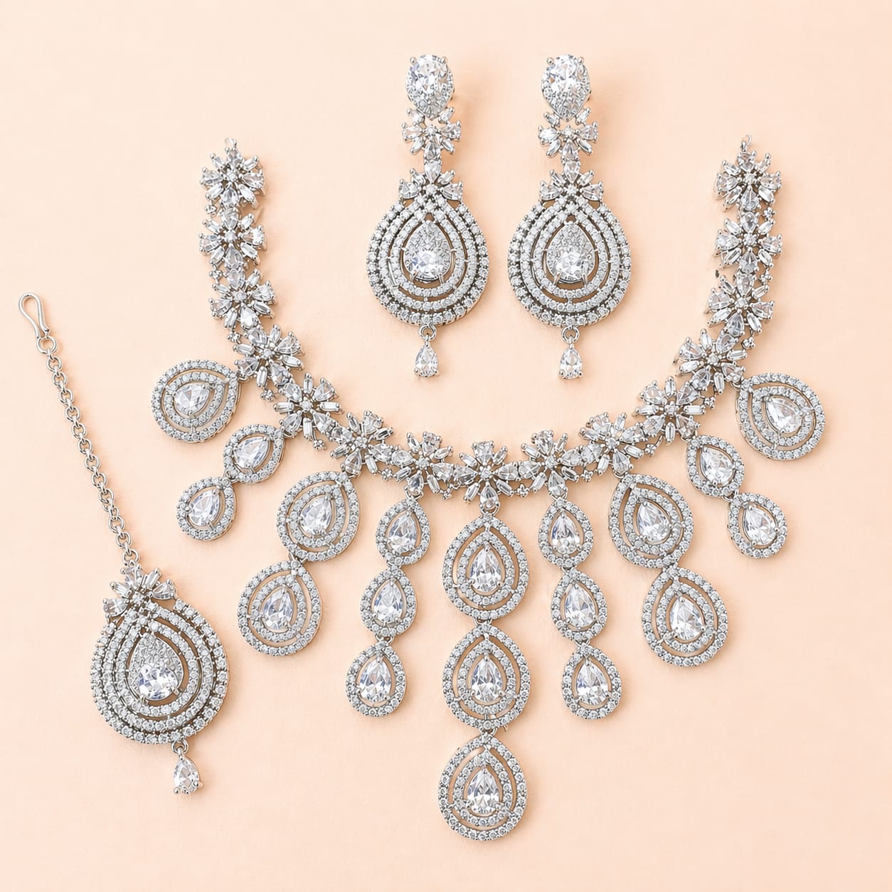 Premium American Diamond Silver Bridal Necklace Set with Earrings & Maang Tikka