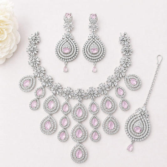 Luxury Pink Stone American Diamond Bridal Necklace Set with Earrings & Maang Tikka