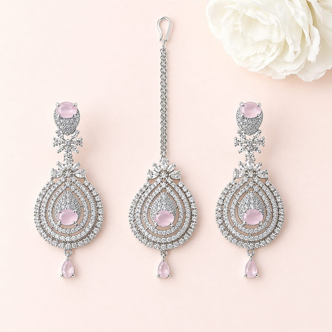Luxury Pink Stone American Diamond Bridal Necklace Set with Earrings & Maang Tikka