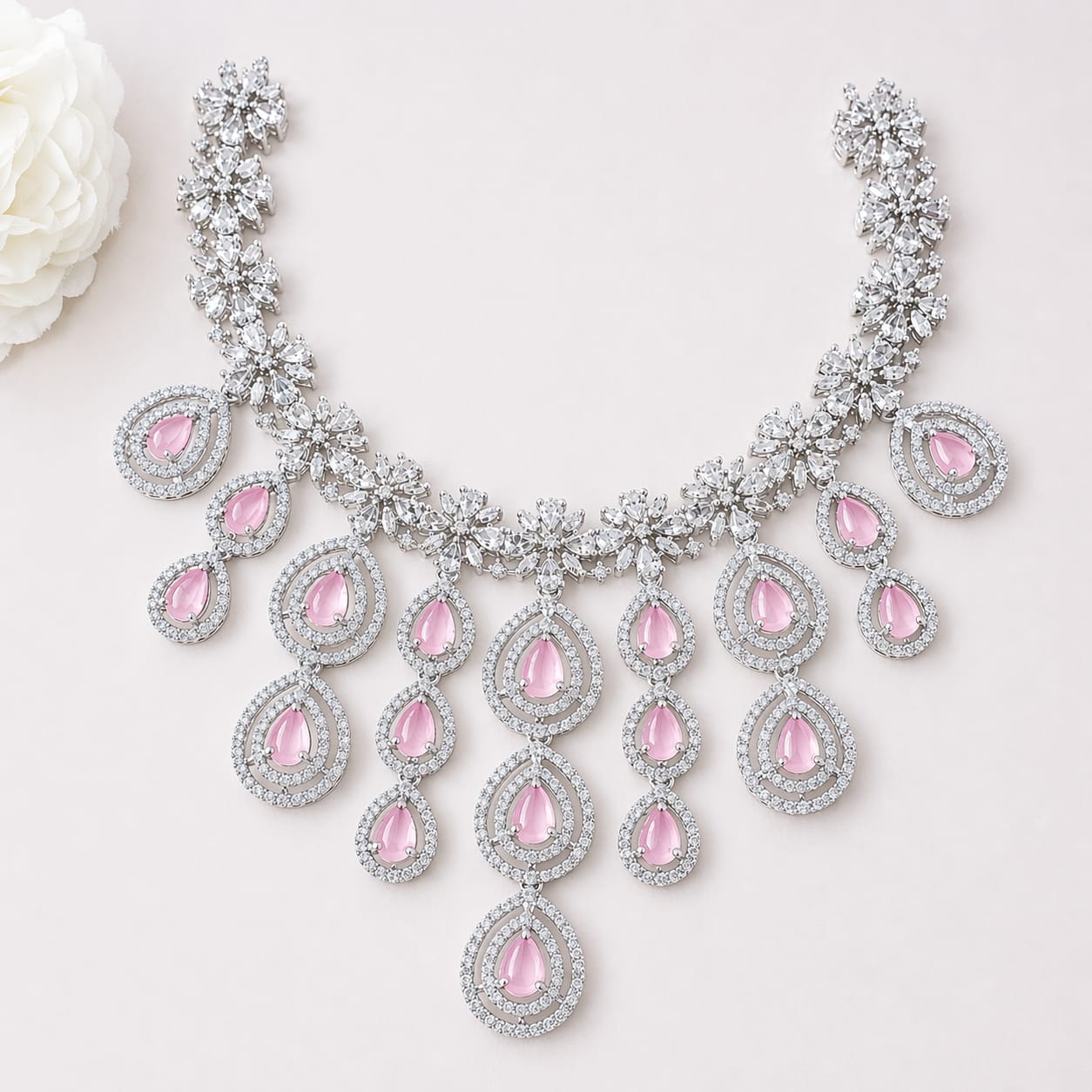 Luxury Pink Stone American Diamond Bridal Necklace Set with Earrings & Maang Tikka