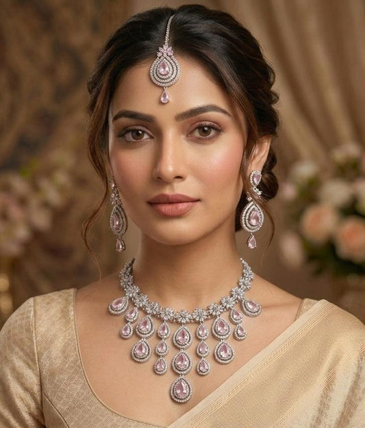 Luxury Pink Stone American Diamond Bridal Necklace Set with Earrings & Maang Tikka