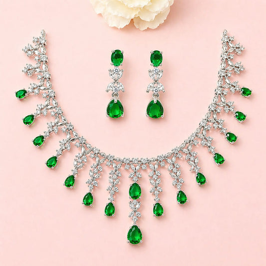 Elegant Green Stone American Diamond Necklace Set