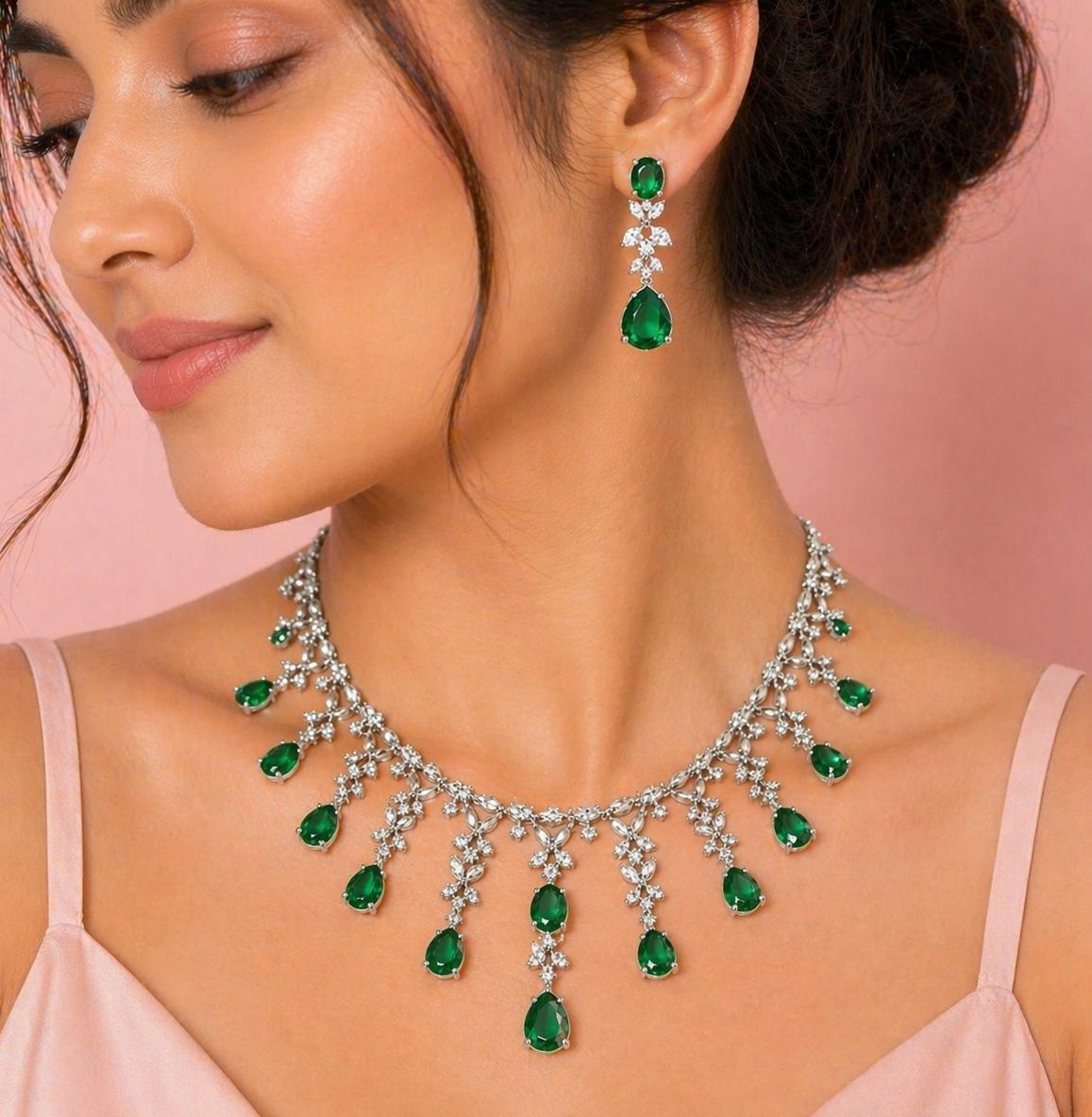 Elegant Green Stone American Diamond Necklace Set